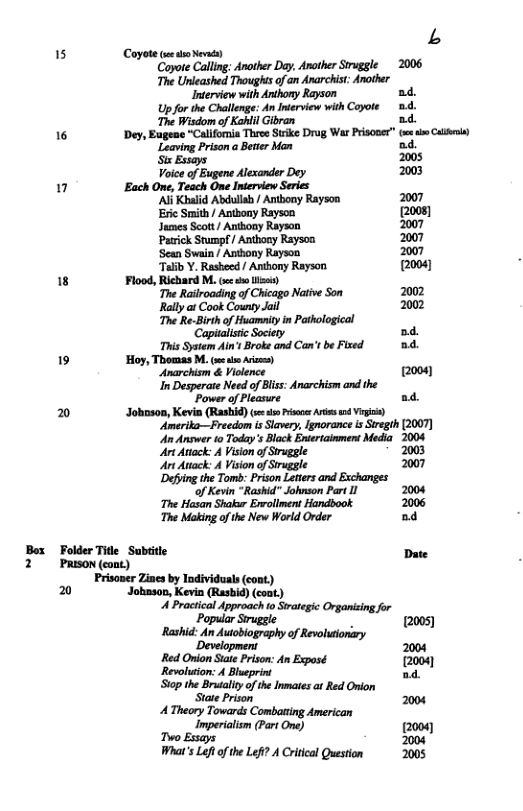 i 15 16 1 19 ) L Coyote e o Neva) 200 Copote Calling: Another Day. Another Struggle The Unleashed Thougis of an Aarchist Another Interview with Anthony Rayson od Upfor the Challege: An Interview with Coyoe 0 The Wisdom of Kahlil Gibran d. Dey, Eugene “Califonia Theee Sirke Drug War Pisoast” tes e Clot) Leaving Prison a Beter Man ad Sx Essays e Voice of Eugene Alexander Dey. 203 ‘Each One, Teach One Inieriew Series Al Kbalid Abdulah/ Anibony Rayson 2007 Eric Smith / Antbony Rayson [2008) Jumes Scott Anthony Rayson 2007 Parick Stumpf / Anthoay Raysoa 2000 Sean Swain/ Anthony Rayson Feid Talib Y. Rasbeed / Anthony Rayson oo Flood, Richard M. oce o s The Rairoading o Chicago Natve Son 2002 Rally at Cook County Jail 2002 The Re-Birth of Huamityin Pahological Capiaiisic ociery od This System At Broke and Can’t be Fised 0. Hoy, Thomas M. e e Aises) Anarchism & Violence (2004 I Desperate Need of Bliss: Anarchism and the “Power of Pleasure ad. Johnson, Kevin (Rashid) (se siso Prisoner Astss und Virginia) imirika—Precdon s Slavey,lnorance s Sevgih (2007 inngwar 1o Tody’sBock Eetammert e 3008 4rt Anock: 4 Vision of Sirvggle 20 ‘Art Anack. 4 Vision of Sruggle 2007 Defing the Tomb: Prison Letiers and Exchanges "f Kevin “Rashid" Johnson Part 1l 2004 The Hasan Shalar Emollment Handbook 2006 The Making of the New World Order nd Folder Tide Subtite PRison (cont) i 2 Prisoner Zines by Individuals (cont) Johnson, Kevin (Rashid) (cont) A Practical Approach o Sirategic Organising for Popuar Struggle . 12005) ‘Rashid: An Auiobiography of Revolutionary Development 2004 ‘Red Onion State Prison: An Exposé 12004 ‘Revolaion: A Blueprint nd. Siop the Brutalit of the Inmates at Red Onion St Prison 2004 A Theory Towards Combatting American Imperialsm (Part One) (2004 Two Essays 2004 What’s Lef of the Lefi? A Critical Question 2005